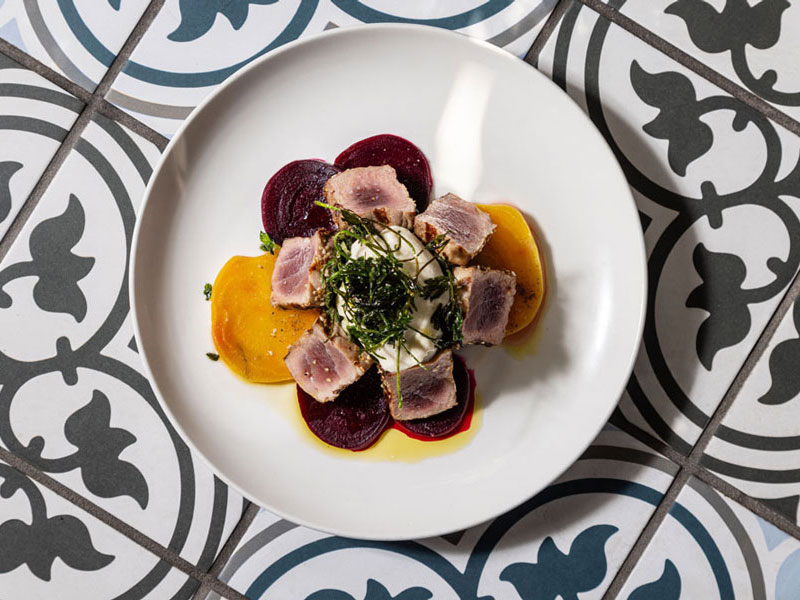 Sesame seed encrusted tuna with marinated beets