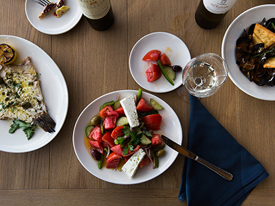 vegatable salad, fish, mussels plate